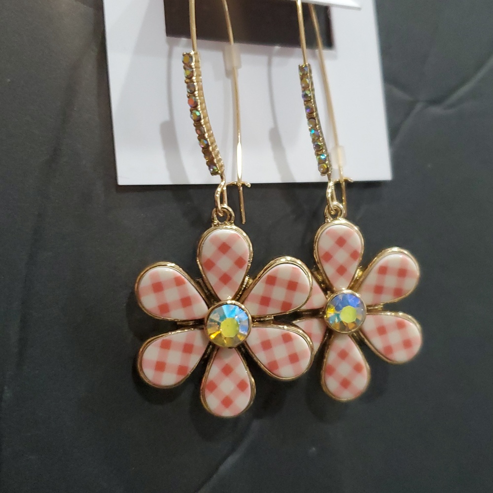 Betsey Johnson gold tone pave studded gingham print sunflower dangle earrings